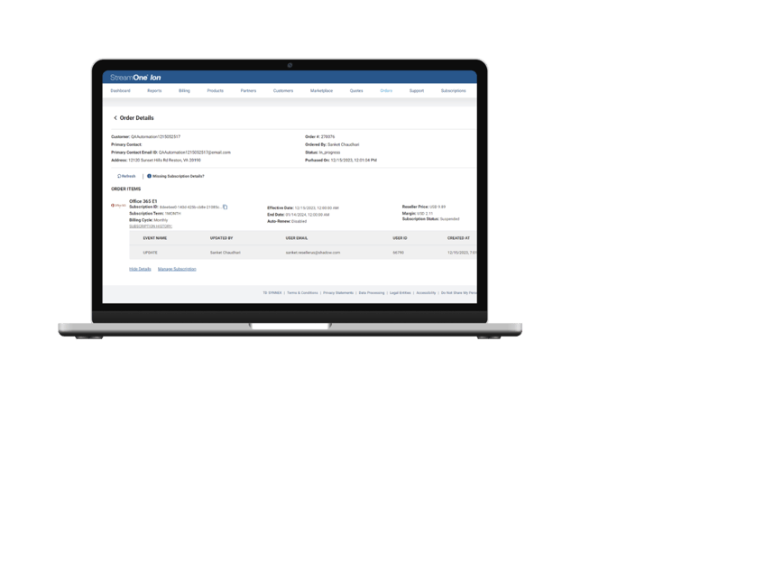 StreamOne Order Tab